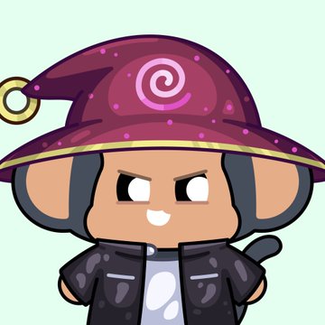 A cartoon character with a toothy grin wearing a purple wizard hat with a pink swirl design and a black leather jacket.