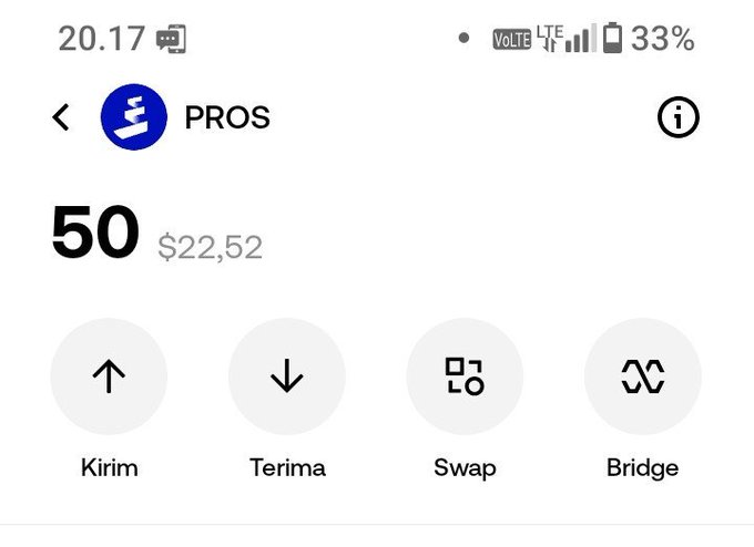 A screenshot of a crypto wallet app showing a PROS token balance of 50 (worth $22.52), with options for Kirim (Send), Terima (Receive), Swap, and Bridge. The image relates to the post by showing the user has successfully received their replacement PROS tokens from Pharos Network after MoonPay transaction issues.