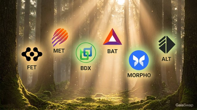 A forest scene with sunbeams filtering through the trees serves as the backdrop for six cryptocurrency token logos—FET, MET, BDX, BAT, MORPHO, and ALT—each glowing softly with the "GalaSwap" watermark in the corner, illustrating the post's announcement of these new token listings on the GalaSwap platform.