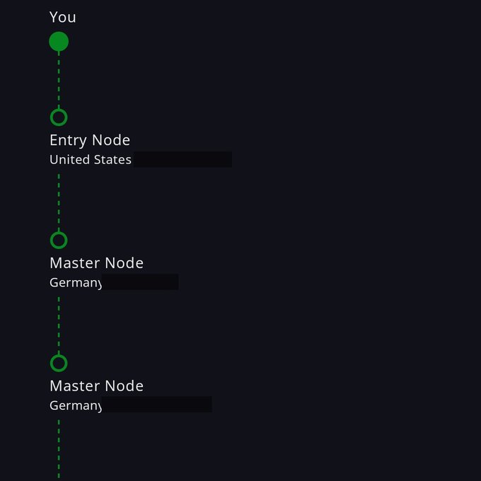 A network diagram showing 'You' connected via green dashed lines to nodes labeled 'Entry Node United States', 'Master Node Germany', and another 'Master Node Germany'.