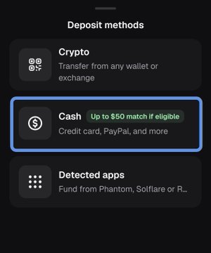 Mobile app interface displaying deposit methods including Crypto (transfer from any wallet or exchange), Cash (credit card, PayPal with up to $50 match), and Detected apps (Phantom, Solflare).