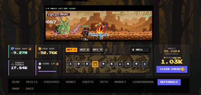 A screenshot of the "Solheroes" blockchain game dashboard showing a character in "ACT 1 - HELL" mode at Wave 18/29 with stats including 9.27M XP per day, 52.76k gold per day, 17.84k party power, and 1.03k claimable Vault tokens, matching the post's claim of 53k daily earnings (around $220) and inviting others to join using the referral code "Melly."