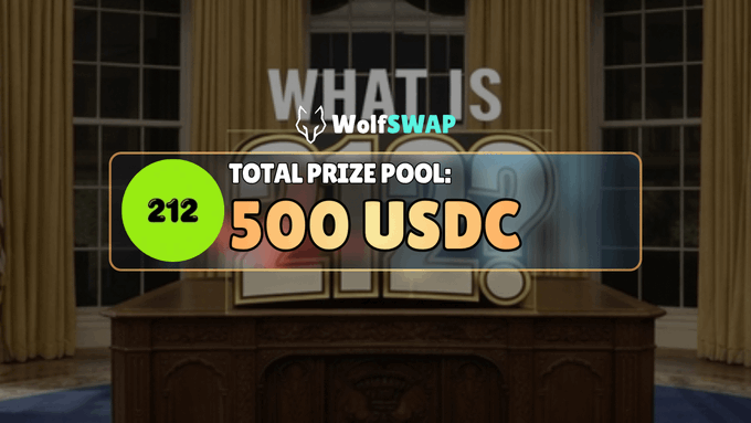 A graphic from WolfSwap's "What is" series displays a "Total Prize Pool: 500 USDC" banner, with a green badge showing the number 212, illustrating how a trade of $212 on WolfSwap contributes to the leaderboard competition for the top 5 traders.