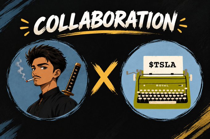 An illustrated graphic announcing a "COLLABORATION" between a samurai-like character with a sword and a typewriter printing "$TSLA".