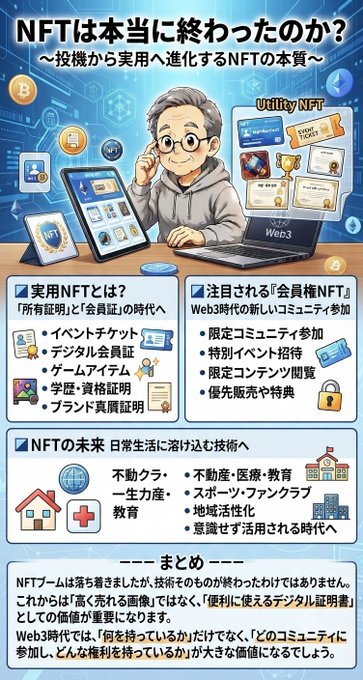 A Japanese infographic titled 'NFTは本当に終わったのか？' (Has NFT really ended?) featuring an illustration of a person at a laptop and explaining concepts like '実用NFT' (Utility NFT) and '会員権NFT' (Membership NFT) in Web3.
