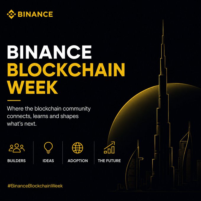 A promotional graphic for **Binance Blockchain Week** featuring the iconic Burj Khalifa and Dubai skyline in golden outlines on a black background, with event pillars highlighted as "Builders, Ideas, Adoption, The Future."

The image reinforces the post's theme by visually emphasizing Dubai—a global hub where builders, institutions, and innovators converge—aligning with the caption's focus on moving past speculative trading toward meaningful blockchain development and cross-industry collaboration.