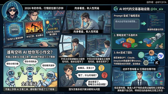 A comic-style collage by @BTCDTA depicting 2026 market volatility, featuring SK海力士 (SK Hynix) and oil price crashes, Bitcoin near $60,000, traders overwhelmed by fleeting market opportunities, and AI trading tools being dismissed as "废话" (nonsense) rather than practical solutions.