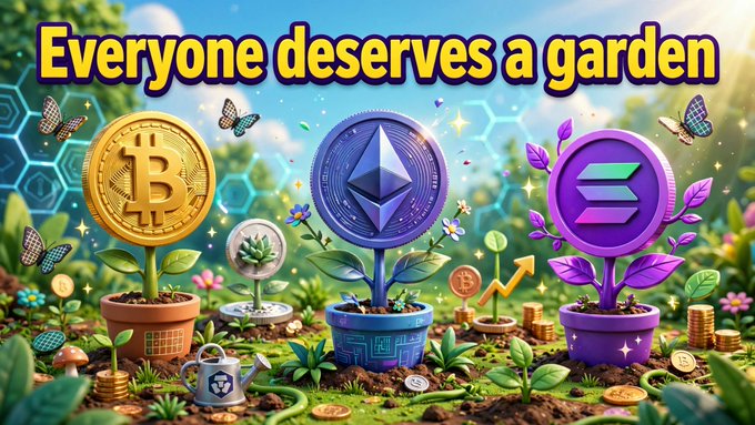 A vibrant promotional graphic titled "Everyone deserves a garden" featuring cryptocurrencies (Bitcoin, Ethereum, and Solana) stylized as potted plants surrounded by butterflies, flowers, and coins.