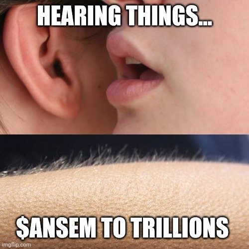 A meme with the top panel showing a person whispering in someone's ear captioned 'HEARING THINGS...' and the bottom panel showing a hairy arm captioned '$ANSEM TO TRILLIONS'.
