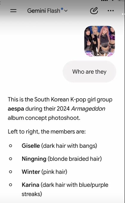 The image shows a screenshot of a Gemini Flash AI chatbot conversation where a user asks "Who are they" about a photo, and Gemini identifies the four members of K-pop group aespa—Giselle, Ningning, Winter, and Karina—from their 2024 Armageddon album photoshoot, humorously proving that "even Gemini" can correctly recognize the idols.