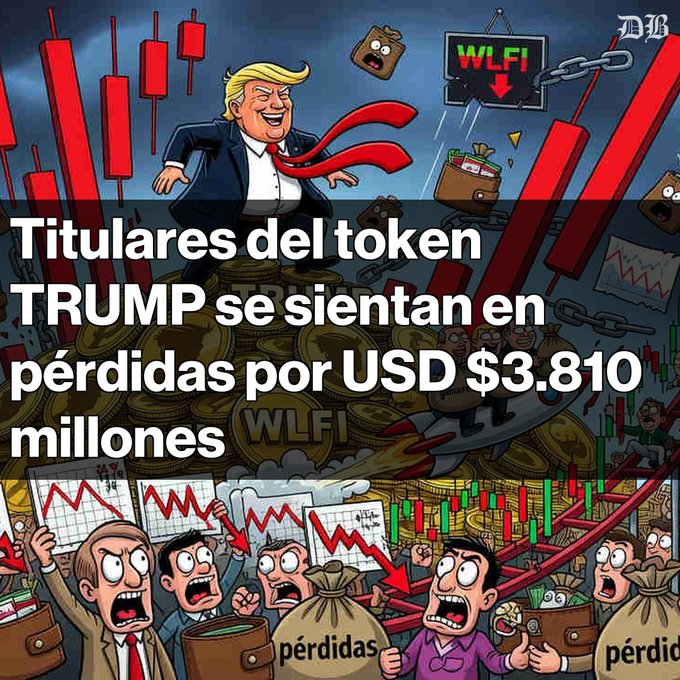 Spanish-language cartoon illustration by 'JB' showing Donald Trump among falling crypto charts and money bags labeled 'WLFI' and 'pérdidas,' with headline text reading 'Titulares del token TRUMP se sientan en pérdidas por USD $3,810 millones.'