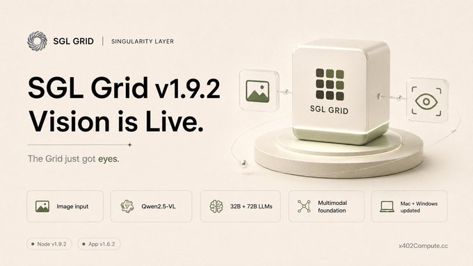 A promotional banner for "SGL Grid v1.9.2 Vision is Live" by x402Compute announces the addition of image input and Qwen2.5-VL vision capabilities to the decentralized AI inference grid, featuring 32B and 72B LLM support across updated Mac and Windows apps.