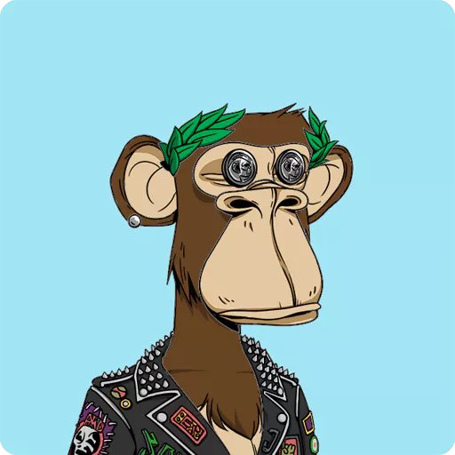 A cartoon NFT-style illustration of a Bored Ape character wearing a laurel wreath, round sunglasses, and a studded black leather jacket with patches, set against a light blue background.