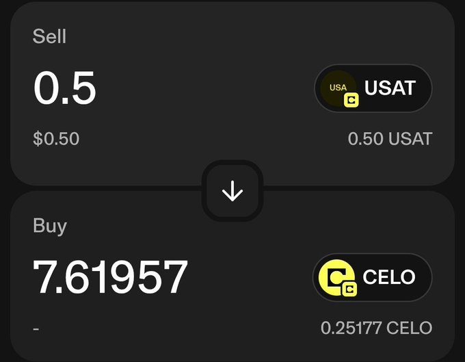 A cryptocurrency swap interface showing the sale of 0.5 USAT ($0.50) for 7.61957 CELO (0.25177 CELO).