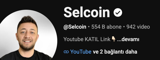 The image shows a YouTube/TikTok profile header for "Selcoin" (@Selcoin), featuring a circular profile photo of a smiling bearded man, with stats showing 554 B followers ("abone") and 942 videos, which directly relates to the post announcing his 942nd market review video.