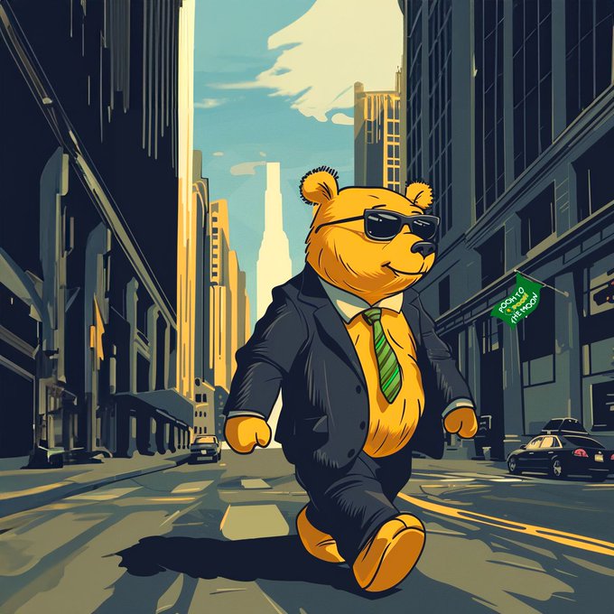 A digital illustration depicts an orange bear wearing a dark business suit, green tie, and sunglasses walking confidently down a city street between tall buildings.