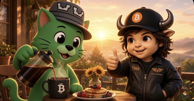 A green cat pours steaming coffee into a Bitcoin-branded mug while a child in a "TBBB" jacket gives a thumbs-up at a sunny breakfast table, capturing the upbeat "GM" vibe of preparing for bull season.