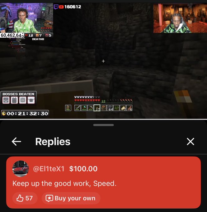 A livestream screenshot shows a Minecraft gameplay session with two streamers visible, displaying a donation from "@El1teX1" for $100.00 with the message "Keep up the good work, Speed," along with 160,612 YouTube subscribers and a timer at 00:21:32:30, which relates to the post's request for Speed to mention Bitcoin.