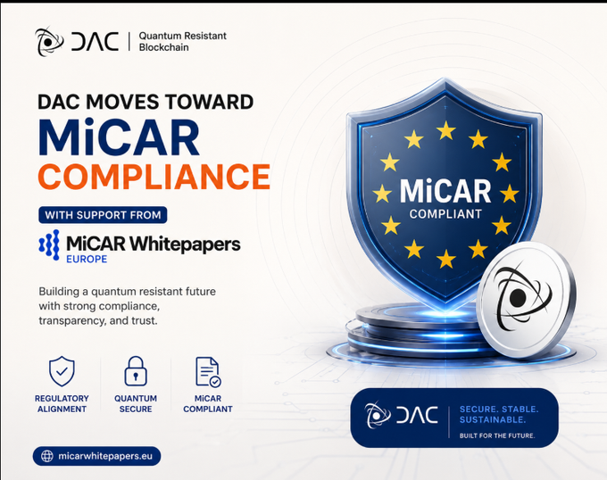 An advertisement banner for 'DAC Quantum Resistant Blockchain' announcing 'DAC MOVES TOWARD MiCAR COMPLIANCE' with support from 'MiCAR Whitepapers EUROPE' and the URL 'micarwhitepapers.eu'.