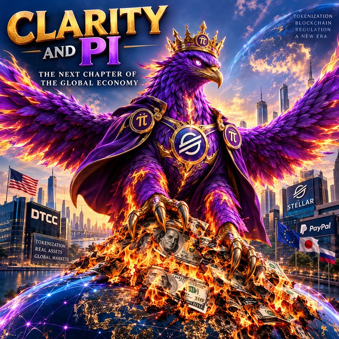 A majestic purple and gold griffin crowned with the Pi symbol towers over a globe of burning U.S. currency, set against a futuristic skyline bearing logos for DTCC, Stellar, and PayPal, with the headline "CLARITY AND PI – THE NEXT CHAPTER OF THE GLOBAL ECONOMY" and taglines "TOKENIZATION BLOCKCHAIN REGULATION A NEW ERA." The fiery imagery of traditional money crumbling beneath the griffin visually echoes the post's message about DTCC and Stellar bridging tokenized assets with PayPal's PYUSD payment rail, symbolizing the rise of blockchain-based finance.