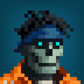 A pixel art portrait of a character with messy blue hair, glowing cyan eyes, pale skin, wearing an orange jacket, set against a dark teal background.