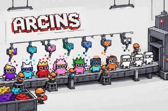 A pixel art illustration titled 'ARCINS' showing a factory production line with workers assembling colorful blocky character figures being painted by overhead machines.