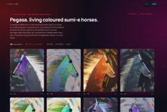 The image shows a colorful grid of digitally stylized horse heads on a dark background with the tagline "Pegasa, fiving coloured lumi-e-horses." The vibrant NFT collection of geometric horse portraits visually represents the Geodesics mint referenced in the post, showcasing the artistic, collectible nature of the blockchain project being discussed.