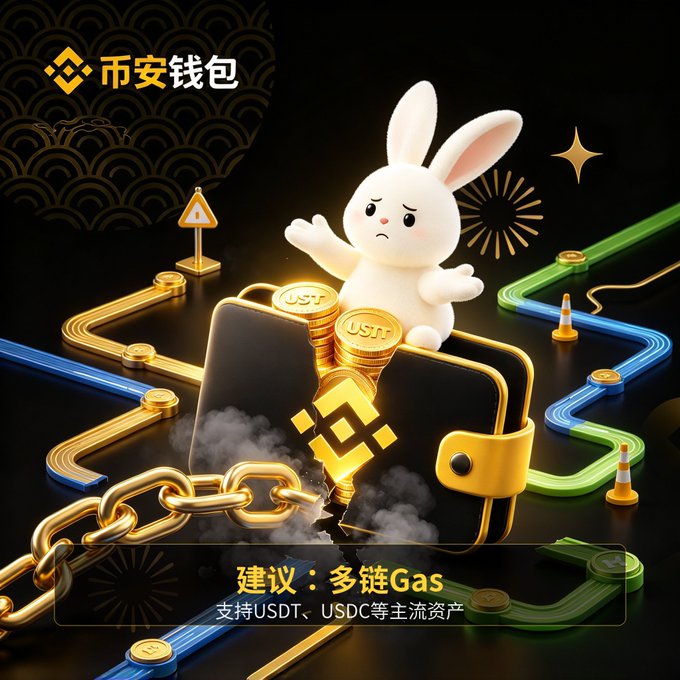 A 3D-rendered Binance Wallet (币安钱包) promotional image featuring an angry white rabbit character standing on a black wallet filled with USDT coins, with Chinese text '建议：多链Gas' supporting USDT and USDC assets.