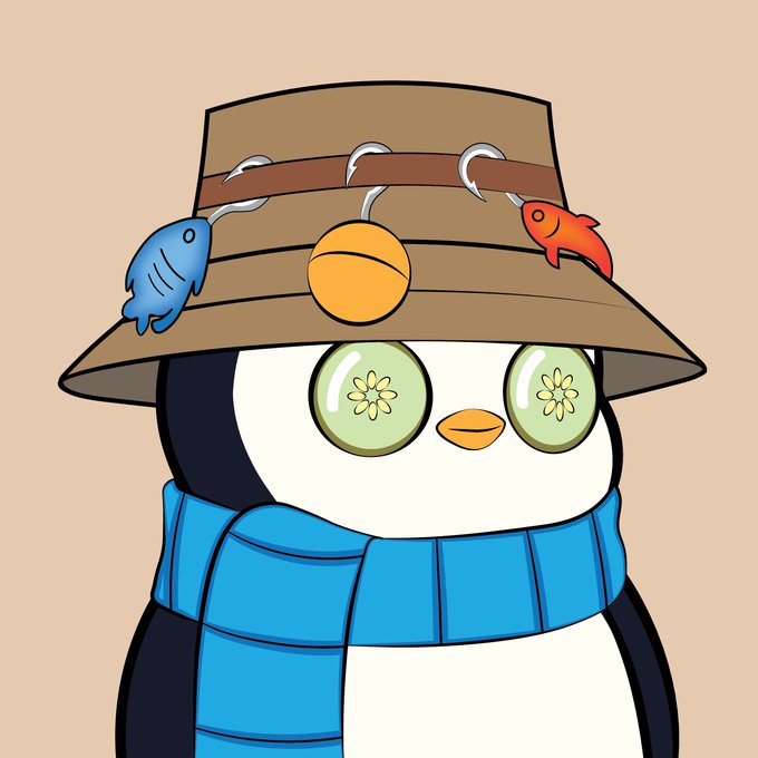 A cartoon illustration of a penguin character wearing a brown fishing hat decorated with hooks, a blue fish, an orange fish, and a yellow bell, along with a blue scarf.