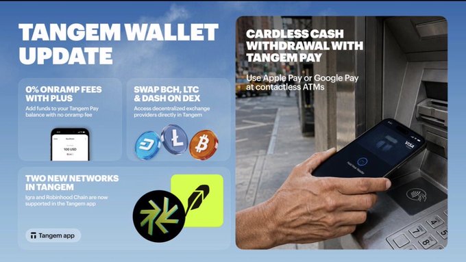 The image is a Tangem Wallet update banner highlighting three key features: 0% onramp fees with PLUS, decentralized exchange access for swapping BCH, LTC, and CASH, and the addition of Igris and Robinhood Chains networks in Tangem. The right side showcases Tangem Pay's cardless cash withdrawal feature at contactless ATMs using Apple Pay or Google Pay. This visual supports the post's promotion of Tangem V2.0's advanced security features and Tangem Pay's innovative cardless withdrawal functionality.