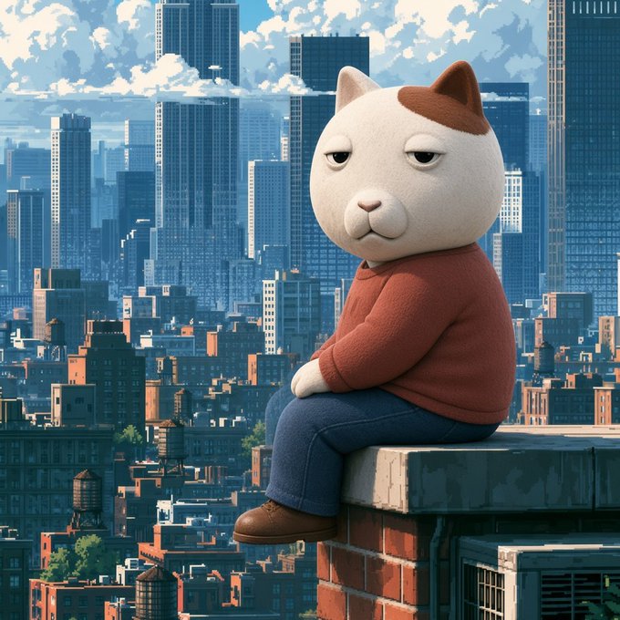 An illustration of a grumpy-looking anthropomorphic cat character sitting on a rooftop ledge overlooking a city skyline.