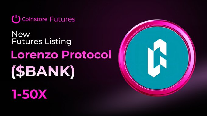 A Coinstore Futures promotional graphic announcing the new listing of Lorenzo Protocol ($BANK) futures with 1-50x leverage, featuring the Coinstore Futures logo and a teal circular icon with a stylized "B" design.