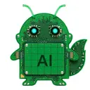 A pixel art illustration of a green Android mascot with circuit board patterns, featuring 'AI' on its chest.