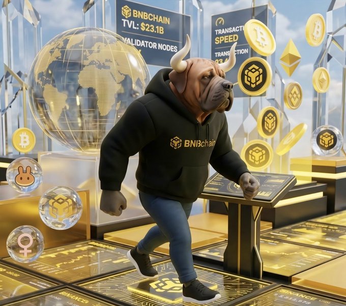 An anthropomorphic dog-like character wearing a black 'BNBchain' hoodie stands in a futuristic setting with a golden globe, floating cryptocurrency coins including Bitcoin and Ethereum, and displays showing 'BNBCHAIN TVL: $23.1B' and 'TRANSACTION SPEED'.