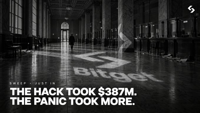 A black-and-white graphic with a silhouette of a person in a grand hall, featuring the text 'SWEEP • JUST IN / THE HACK TOOK $387M. THE PANIC TOOK MORE.' alongside a stylized 'BitBoy' logo.