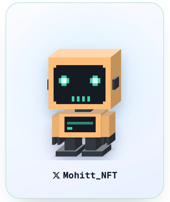 A digital artwork shows a blocky, 3D-rendered orange robot with glowing teal eyes, signed "X Mohitt_NFT".