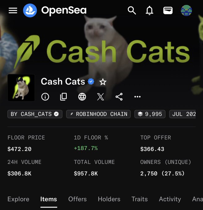 Screenshot of the OpenSea NFT marketplace showing the "Cash Cats" collection page on Robinhood Chain, displaying a floor price of $472.20 (+187.7% in 24h), top offer of $366.43, 24H volume of $306.8K, and 2,750 unique owners—statistics the poster is using to back their bold claim that the NFT will soon surpass $1,000.