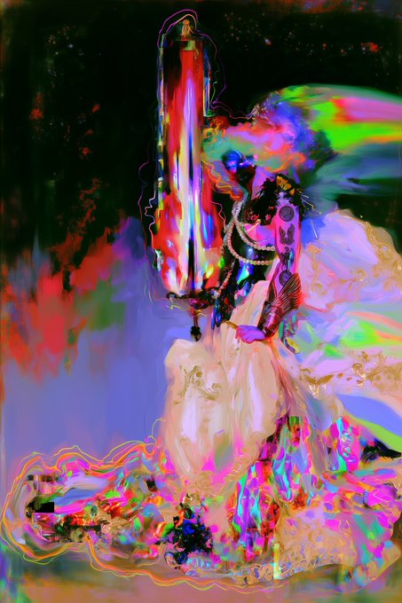 A vibrant, glitch-style digital artwork depicts an armored figure wielding a glowing, multi-colored sword, surrounded by chromatic distortions and prismatic effects reminiscent of a lunar eclipse's iridescent glow. The ethereal, battle-ready imagery evokes the celestial power of archangels Michael and Gabriel, aligning with the airdrop's theme of "Quis ut Deus" and "Fortitudo Dei" delivered to Full Moon Token holders.