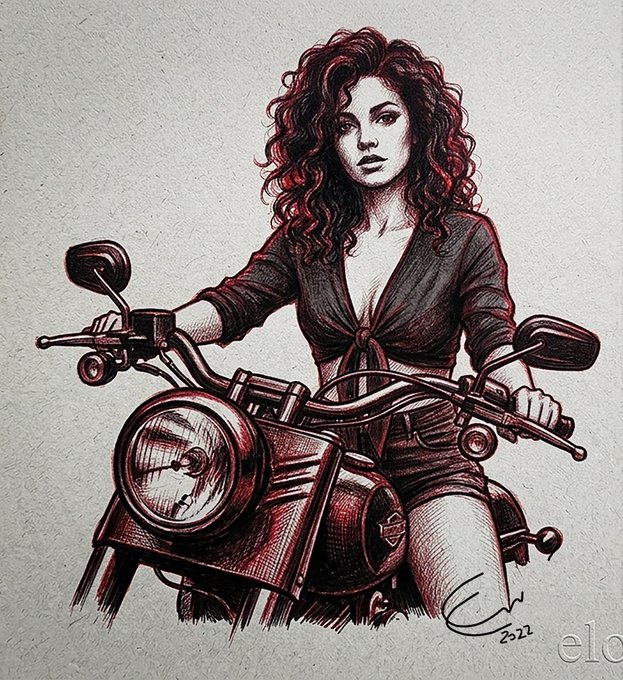 A sketch-style portrait of a woman with curly reddish hair sitting on a motorcycle, signed and dated 2022 in the bottom corner.