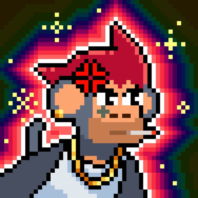 A pixel art portrait of a character with red hair, a star mark on their forehead, and a white headband against a colorful cosmic background with sparkles.