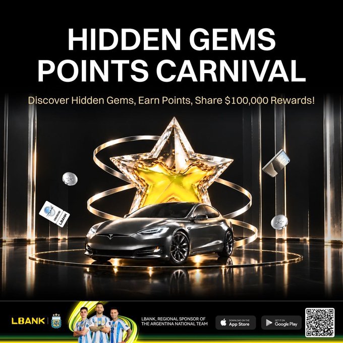 The advertisement promotes LBank Exchange's "Hidden Gems Points Carnival" featuring a Tesla Model S as the headline reward within a $100,000 prize pool, with text reading "Discover Hidden Gems, Earn Points, Share $100,000 Rewards!" alongside the bank's logo and Argentina National Team sponsorship.