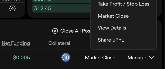 A trading interface displays a dropdown menu with options "Take Profit / Stop Loss," "Market Close," "View Details," and "Share uPnL," alongside an active "Close All Pos[itions]" button and a "Manage" menu, illustrating the lack of a limit close option the user describes as missing in Ondo Perps. The image highlights the user's frustration that only market close or TP/SL triggers are available, forcing them to pay market order fees rather than set their preferred limit prices.