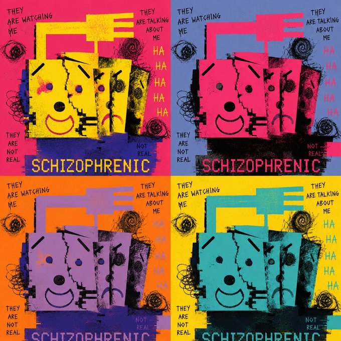 A four-panel pop-art style poster with a cracked smiling face in different color schemes (yellow/pink, blue/pink, orange/purple, yellow/teal), each featuring the text 'THEY ARE WATCHING ME', 'THEY ARE TALKING ABOUT ME', 'HA HA HA', 'NOT REAL', and 'SCHIZOPHRENIC'.