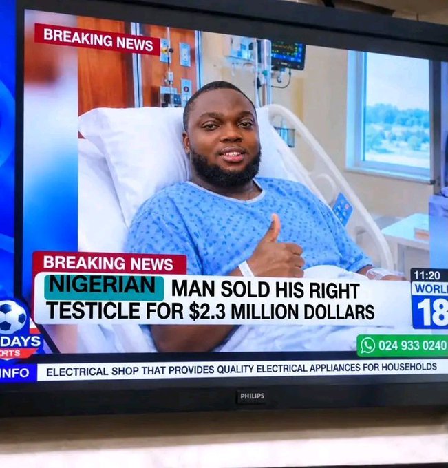 A Philips television displays a "BREAKING NEWS" segment from a channel showing the time "11:20" and a partial ticker reading "WORLD 18," featuring a bearded man in a blue hospital gown giving a thumbs-up, with a chyron reading "NIGERIAN MAN SOLD HIS RIGHT TESTICLE FOR $2.3 MILLION DOLLARS" and a contact number "024 933 0240." The image relates to the accompanying post about converting a million dollars into BNB cryptocurrency, as the headline represents a sensationalized, absurd story that online scammers and "crypto bros" might use to justify their get-rich-quick schemes or risky financial gambles.