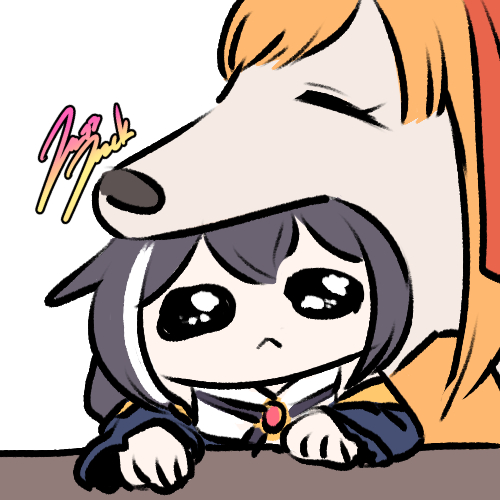 An anime-style illustration showing a black-and-white dog character with large sad eyes being petted by a fox character, with the text 'Nyarch' visible.