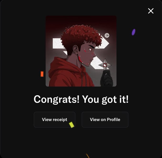 A pop-up screen displays the text "Congrats! You got it!" with buttons for "View receipt" and "View on Profile," featuring anime-style artwork of a curly-haired character in a red hoodie holding a star-shaped object, which appears to be a successful digital collectible purchase notification from the user.