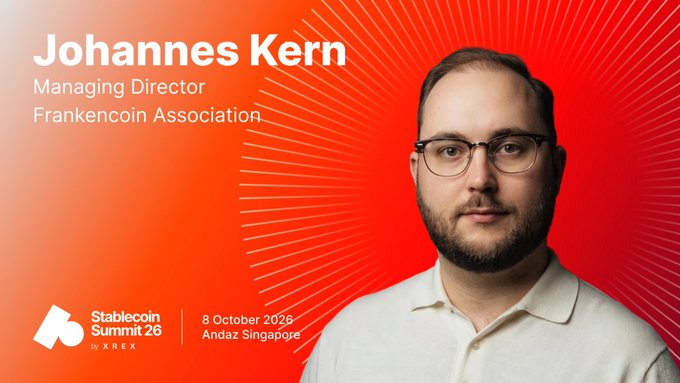 A promotional banner for 'Stablecoin Summit 26 by XBRECK' featuring a photo of a bearded man wearing glasses, identified as 'Johannes Kern, Managing Director, Frankencoin Association', with the event date '8 October 2026' at 'Andaz Singapore'.