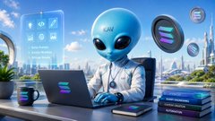 An alien character in a white lab coat works at a desk with a laptop, surrounded by floating data panels, futuristic cityscapes, and book stacks, paired with a promotional caption celebrating the KavianCoin (Kav) Solana token and its contract address "AX6fPqzs5vupRQ6B8LryLAMrDw7D18dDXQAJKMSUTLSF," framing the project as a steadily growing gem on its path to an all-time high.