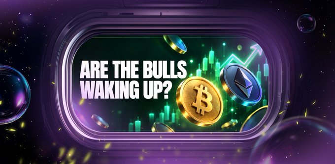 A vibrant graphic asking 'ARE THE BULLS WAKING UP?' featuring floating Bitcoin and Ethereum coins alongside green trading chart candles.