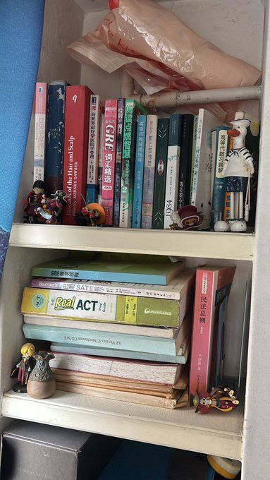 A cluttered white bookshelf filled with various books, including titles on GRB, No.9, and SAT II, along with anime figurines and a pink plastic bag on top.